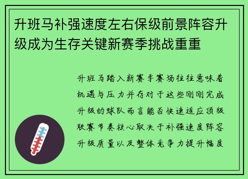 升班马补强速度左右保级前景阵容升级成为生存关键新赛季挑战重重